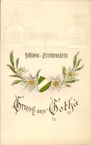 Präge Ak Gotha in Thüringen, Schloss Friedenstein, Blumen, Wappen