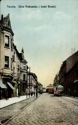 Ak Tarnów Tarnau Polen, Krakauer Straße, Hotel Bristol, Straßenbahn