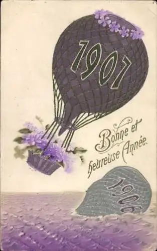 Präge Ak Fröhliches Neujahr 1907, Ballon, Blumen