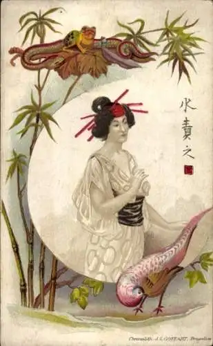 Litho Japanerin, Fasan, Bambus, Schlange, Frosch, Reklame Chocolat Adolphe Delhaize