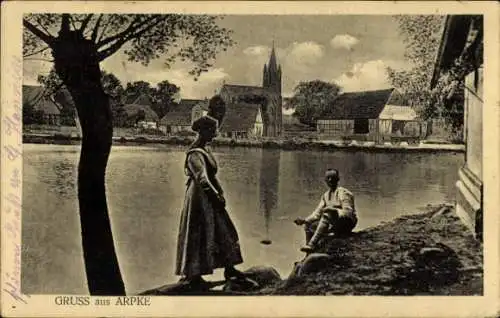 Ak Arpke Lehrte in Niedersachsen, Paar, Teich, Kirche