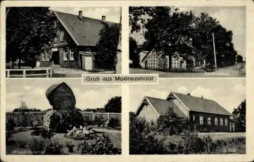 Ak Moorausmoor Stinstedt in Niedersachsen, Kriegerdenkmal, Schule, Bauernhaus, Gasthof