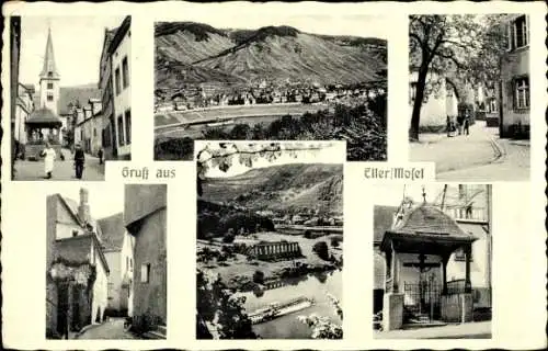 Ak Eller an der Mosel, Straßenpartie, Gasse, Kruzifix, Panorama