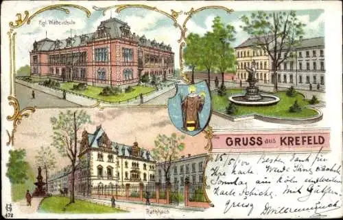 Litho Krefeld am Niederrhein, Webschule, Rathaus