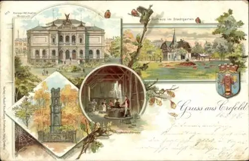 Litho Krefeld am Niederrhein, Kaiser Wilhelm Museum, Kurhaus, Stadtgarten, Sprudel