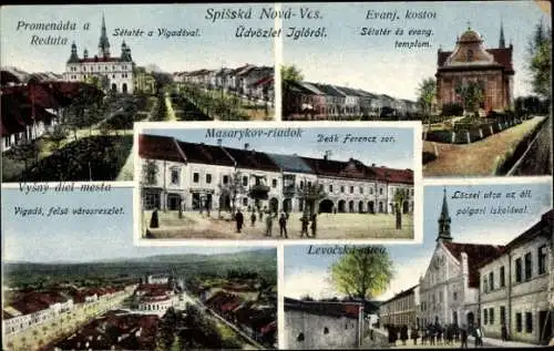 Ak Spišská Nová Ves Igló Neustorf Slowakei, Promenade, Theater, Evangelische Kirche, Oberstadt