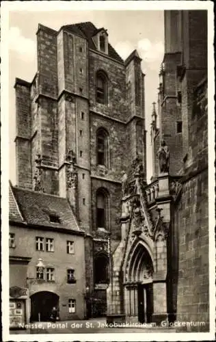 Ak Nysa Neisse Schlesien, St. Jakobuskirche, Glockenturm