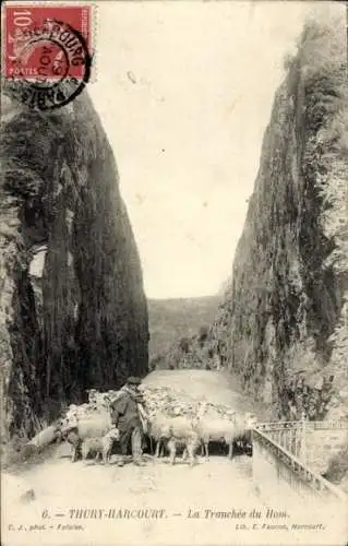 Ak Thury Harcourt Calvados, La Tranchee du Hom, Schäfer mit Schafherde