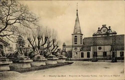 Ak Marly le Roi Yvelines, Propriete de Victorien Sardou, Sphinx, Kirche