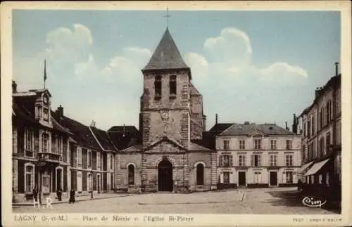 Ak Lagny Seine et Marne, Place de Mairie, Kirche St. Pierre