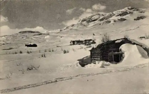 Ak Norwegen, Winterlandschaft, Berghütte