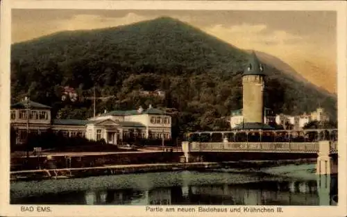 Ak Bad Ems an der Lahn, neues Badehaus und Krähnchen III