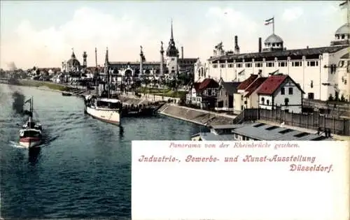 Ak Düsseldorf am Rhein, Industrie und Gewerbeausstellung 1902, Panorama von der Rheinbrücke, Dampfer