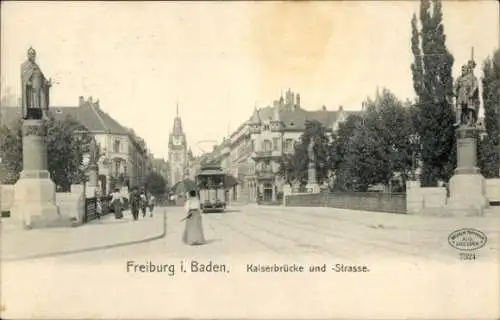 Ak Freiburg im Breisgau, Kaiserbrücke und Kaiserstraße, Straßenbahn