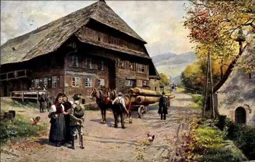 Künstler Ak Hoffmann, H., Buchenbach Schwarzwald, Gasthaus zum Himmelreich, Damen, Tracht, Holzfuhre