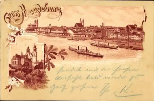 Litho Magdeburg an der Elbe, Gesamtansicht, Dampfschiffe, Dom