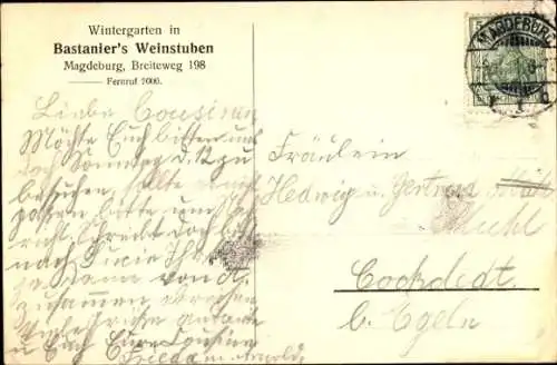 Ak Magdeburg an der Elbe, Bastanier's Weinstuben, Wintergarten, Breiteweg 198