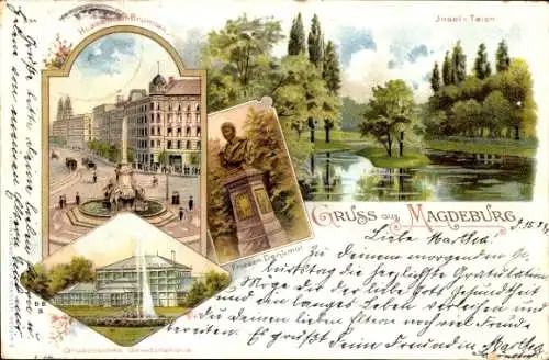 Litho Magdeburg, Grusonsches Gewächshaus, Hasselbachbrunnen, Friesendenkmal