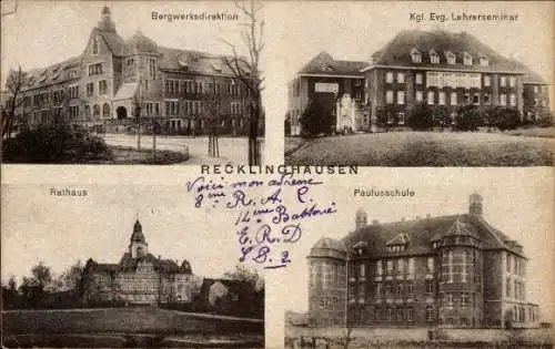 Ak Recklinghausen im Ruhrgebiet, Bergwerksdirektion, Kgl. Evg. Lehrerseminar, Rathaus, Paulusschule