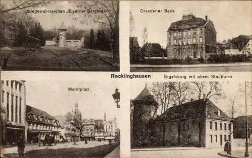 Ak Recklinghausen, Kriegswahrzeichen Eiserner Bergmann, Engelsburg, Stadtturm, Dresdner Bank, Markt