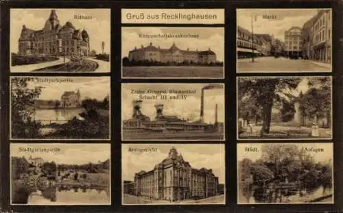 Ak Recklinghausen, Zeche General Blumenthal Schacht III/IV, Rathaus, Markt, Amtsgericht, Krankenhaus