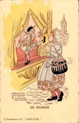 Ak Picardie, Frau in französischer Tracht, Puppentheater, Puppe