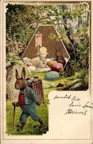 Präge Litho Frohe Ostern, Osterhase, Lamm, Ostereier