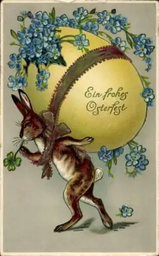 Präge Ak Frohe Ostern, Osterhase trägt Osterei, Vergissmeinnicht