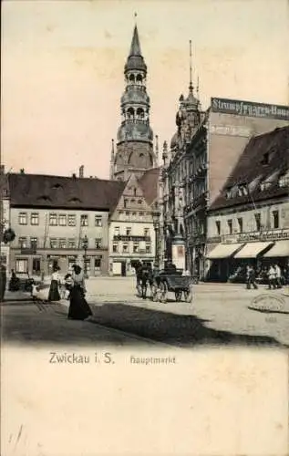 Ak Zwickau in Sachsen,  Hauptmarkt, Kirchturm, Strumpfwarenhaus Heller