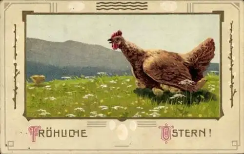 Präge Ak Glückwunsch Ostern, Huhn und Küken auf Wiese