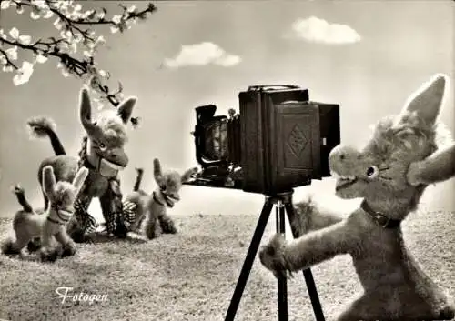 Ak Mufti, Redaktionsesel der Zeitschrift Bild und Funk, Fotoapparat, Plüschspielwarenfabrik Anker