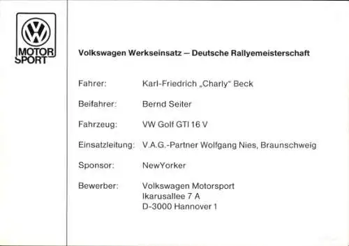 Ak Deutsche Rallye-Meisterschaft, Volkswagen Werkseinsatz, VW Golf GTI 16V