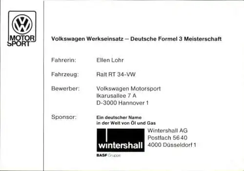 Ak Deutsche Formel 3 Meisterschaft, Volkswagen Werkseinsatz, Fahrerin Ellen Lohr, Ralt RT 34-VW