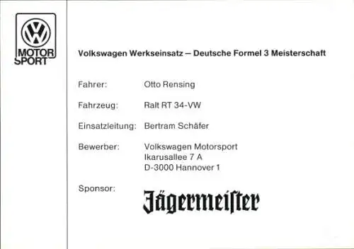 Ak Deutsche Formel 3 Meisterschaft, Volkswagen Werkseinsatz, Ralt RT 34-VW, Otto Rensing