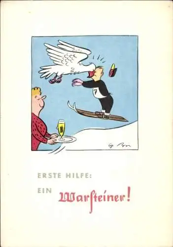 Künstler Ak Erste Hilfe, ein Warsteiner Pilsener, Skifahrer stößt mit Adler zusammen, Frau, Bierglas