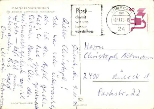 Ak Mainzelmännchen, ZDF, Sporttaucher, Aquarium