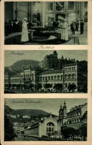 Ak Karlovy Vary Karlsbad Stadt, Mühlbrunnenkolonnade, Sprudel, Kurhaus