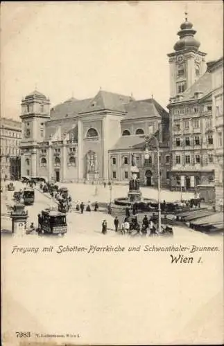 Ak Wien 1 Innere Stadt, Freyung mit Schotten-Pfarrkirche, Schwanthaler-Brunnen