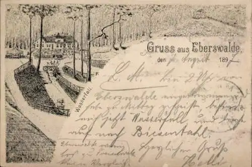 Litho Eberswalde, Wasserfall, Gastwirtschaft im Wald