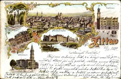 Litho Zittau in Sachsen, Mandaukaserne, Rathaus, Marschner-Denkmal, Postamt, Johanneum