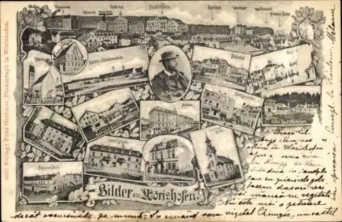 Litho Bad Wörishofen im Unterallgäu, Teilansichten, Pfarrkirche, Kloster, Hotel Viktoria, Kurhaus