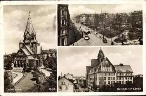 Ak Chemnitz in Sachsen, Rosenplatz, Lutherkirche, Bernsdorfer Schule