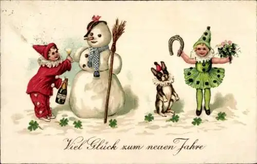 Ak Glückwunsch Neujahr, Schneemann, Harlekin, Hufeisen, Kleeblätter, Hund