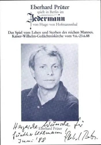 Ak Schauspieler Eberhard Prüter, Portrait, Stück Jedermann, Autogramm