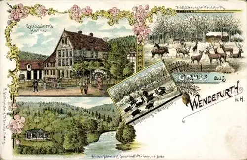 Litho Wendefurth Thale im Harz , Grasshoffs Hotel, Pavillon, Wildfütterung, Waldlandschaft