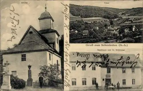 Ak Schmieden Uhlstädt Kirchhasel an der Saale, Gesamtansicht, Gasthaus, Kirche