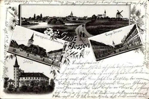 Litho Jessen in Sachsen Anhalt, Marktplatz, Lange Straße, Stadtkirche, Schloss, Windmühle