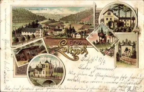 Litho Loitzsch Gera in Thüringen, Kuranstalt, Brücke, Gesamtansicht, Gasthof