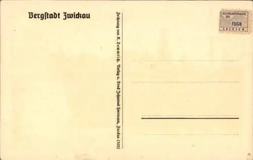 Künstler Ak Zwickau in Sachsen, Stadtbild, Bergbau, 800 jähriges Jubiläum, Wappen