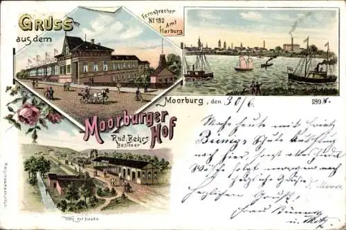 Litho Hamburg Harburg Moorburg, Moorburger Hof, Segelpartie, Weg zur Haake